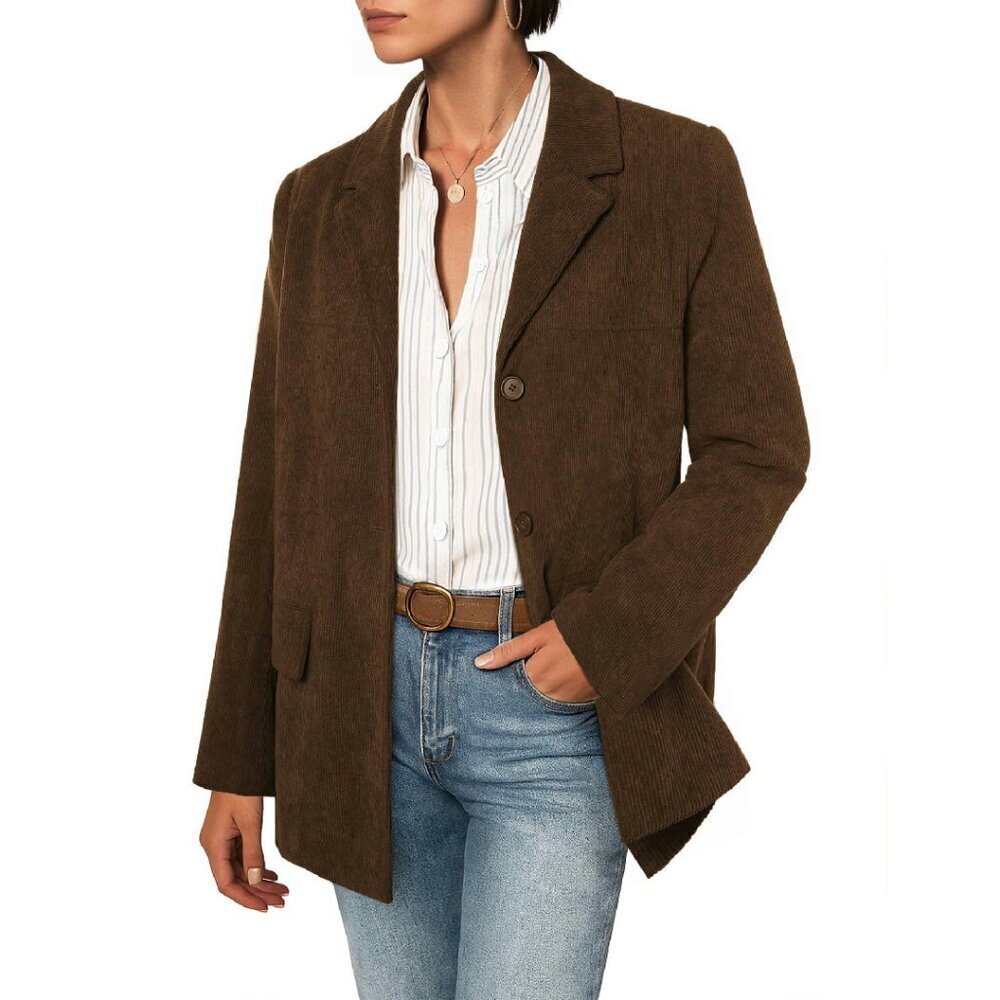 Corduroy Blazer Jacket Notched Lapel Long Sleeve Boyfriend Fit Office Wear